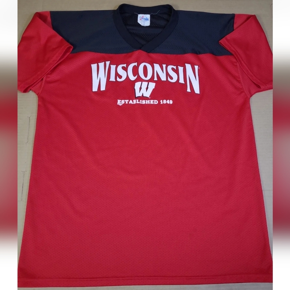 Vintage 90s Wisconsin Badgers UW Mesh Jersey T-Shirt Majestic USA Made - Picture 1 of 12